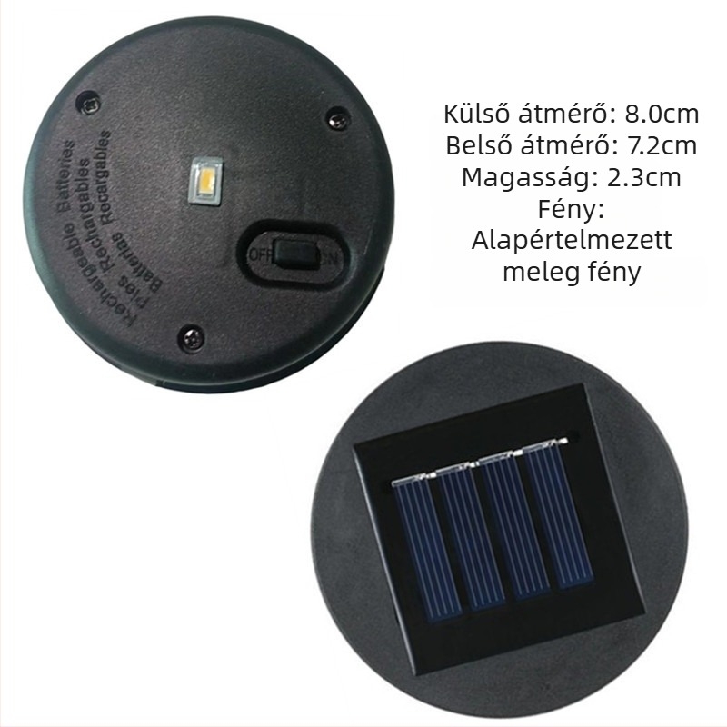 Kültéri napelemes lámpa LED-es fényforrással, vasból készült lámpás, 80 cm átmérőjű.