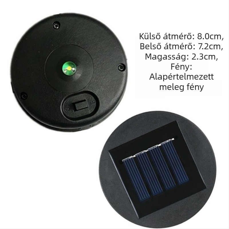Kültéri napelemes lámpa LED-es fényforrással, vasból készült lámpás, 80 cm átmérőjű.