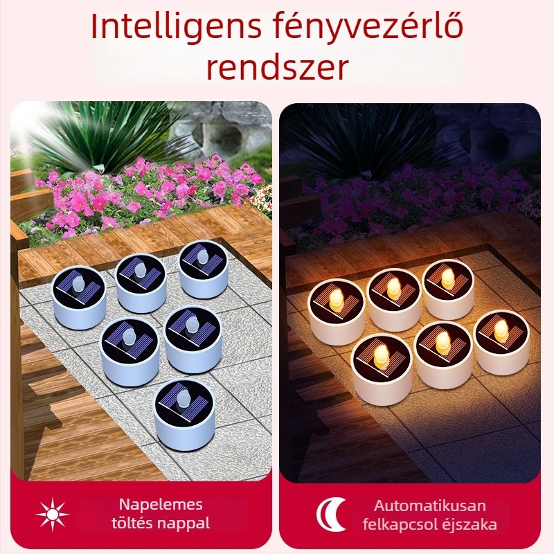 Napelemes kültéri kerti lámpa, vízálló, gyertya alakú világítás szenzorral, erkélyhez