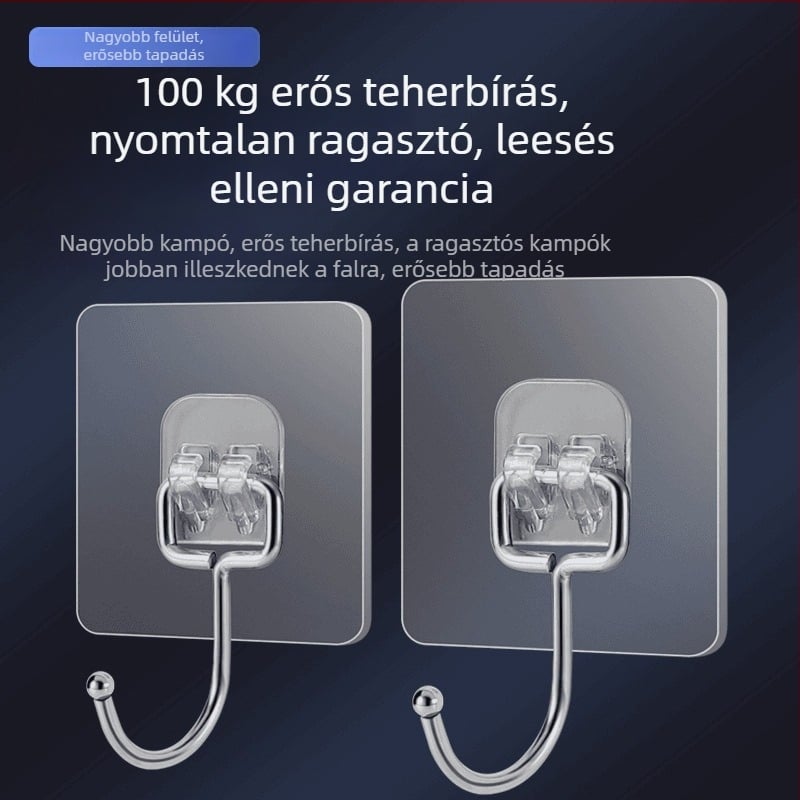 10 darabos nagy ragasztóhorgok készlet, fúrás nélkül, ajtóra és falra, rozsdamentes acél, teher 1–3 kg