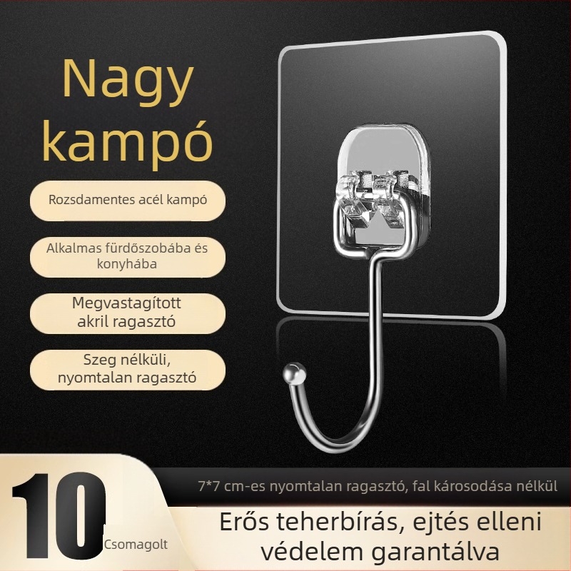 10 darabos nagy ragasztóhorgok készlet, fúrás nélkül, ajtóra és falra, rozsdamentes acél, teher 1–3 kg