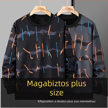 Férfi csíkos fleece-szövésű környakú pulóver, laza szabás, plusz méret, téli meleg
