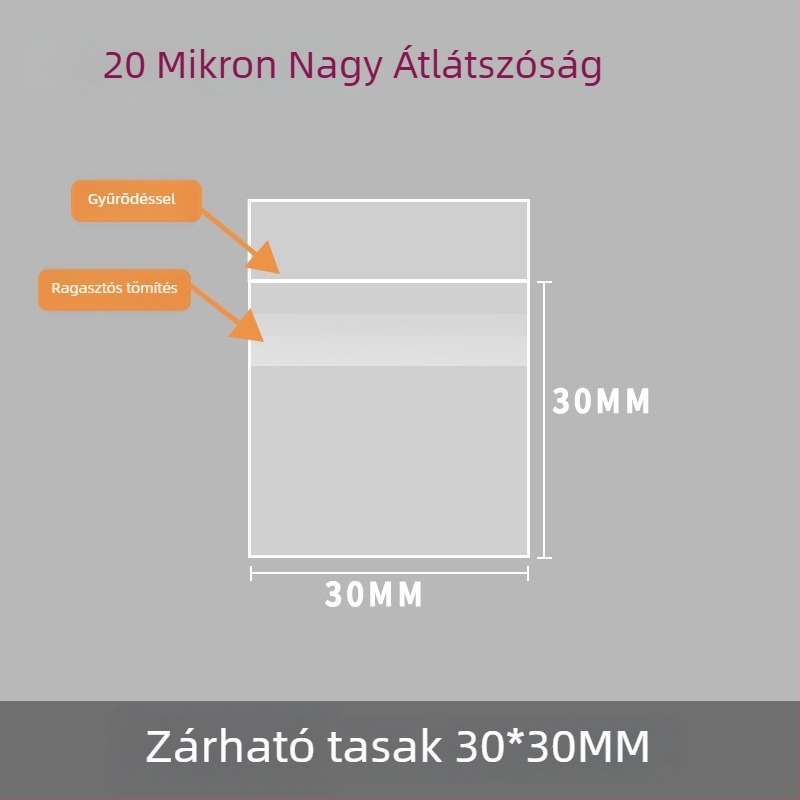 Mini öntapadós jelvény-tároló tasakok, 30 mm, önzáró, megerősített anyagú, védőfilm a hajlatok ellen, 20 selyemszalaggal