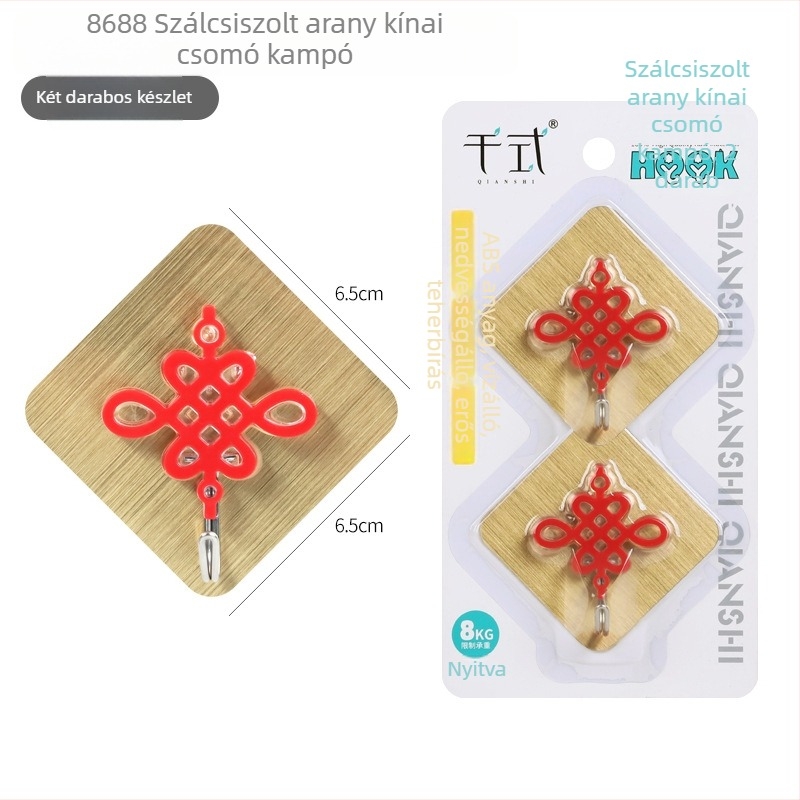 Thousand Style 8688 Csiszolt arany kínai csomó – ragasztó kampó, szögelés nélkül, ünnepi piros, 2 darab