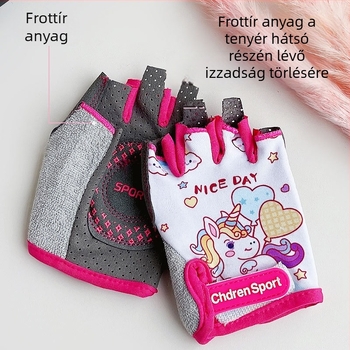 Nyári gyerekeknek félujjú kesztyűk, rajzfilm mintával, könnyű ice-silk anyaggal, csúszásmentes, fitneszhez, görkorizáshoz és kerékpározáshoz