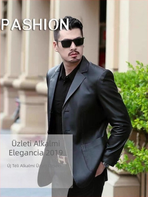 Férfi PU bőrdzseki, üzleti casual stílusban, laza szabás, zakó jellegű gallér, egygombos záródás, patch zsebek, 3D patch zsebek, kerek alsó