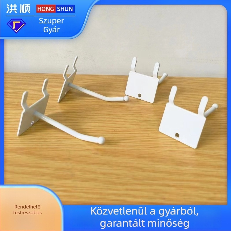 Fém horog perforált panelhez, 2,5 cm lyukköz, négyszögletes kettős lábú kialakítás, fehér, otthoni használatra