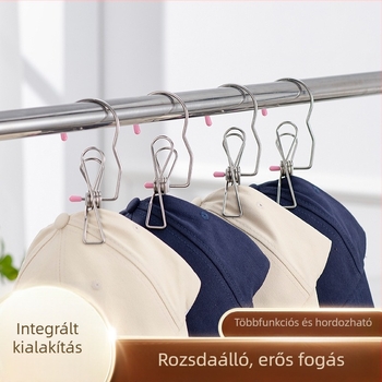 Rozsdamentes acél ruhaszárító klipszek horoggal, ruhákhoz, zoknikhoz — négy darabos készlet.