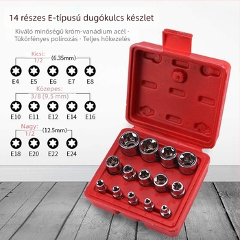 E-formájú hatszögletű csatlakozókészlet csillag alakú virágmotívummal, nagy, közepes és kicsi fejrészekkel, autójavító eszköz