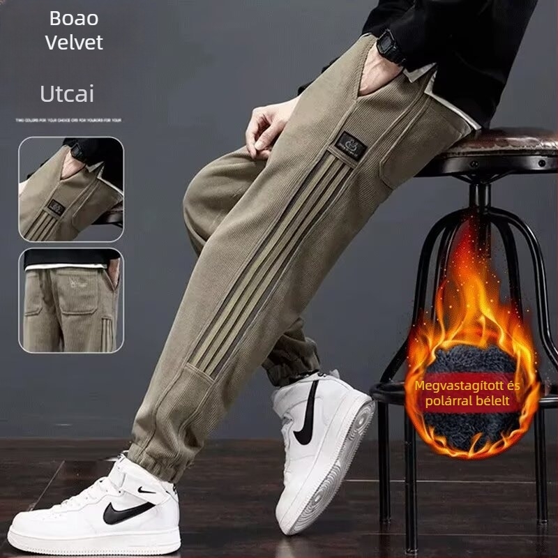 Férfi corduroy téli nadrág fleece-béléssel, lazán szabott jogger stílus, kényelmes mindennapokra