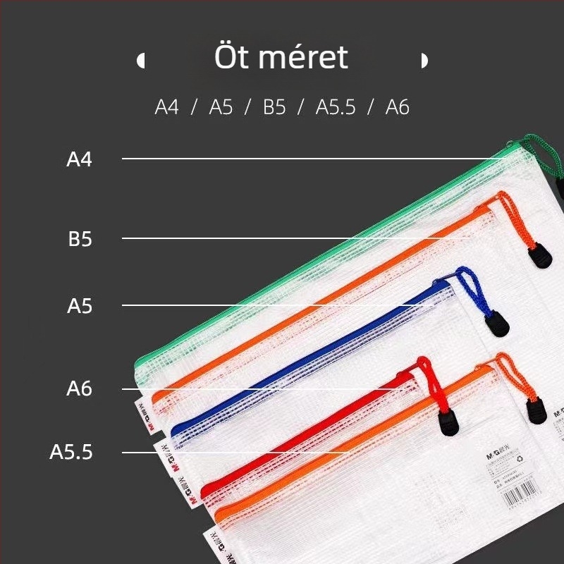 Hálós irattartó táska cipzárral, A4 méret, vízálló, átlátszó