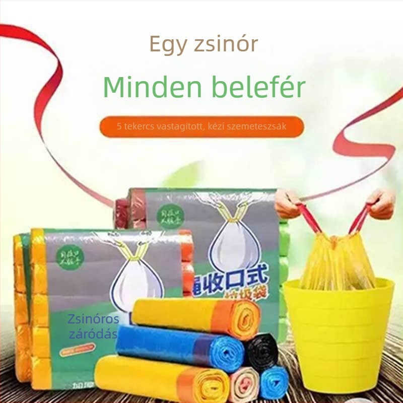 Vastagabb anyagú színes szemeteszsák húzózsinórral és automatikus záródással, háztartási használatra