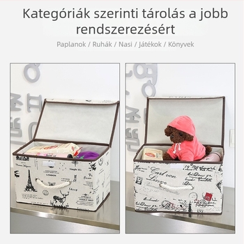 Pamut- és lenanyagból készült tároló doboz fedéllel, íróasztali könyvrendező, összecsukható játék- és tároló, porálló