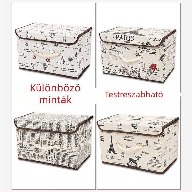 Pamut- és lenanyagból készült tároló doboz fedéllel, íróasztali könyvrendező, összecsukható játék- és tároló, porálló