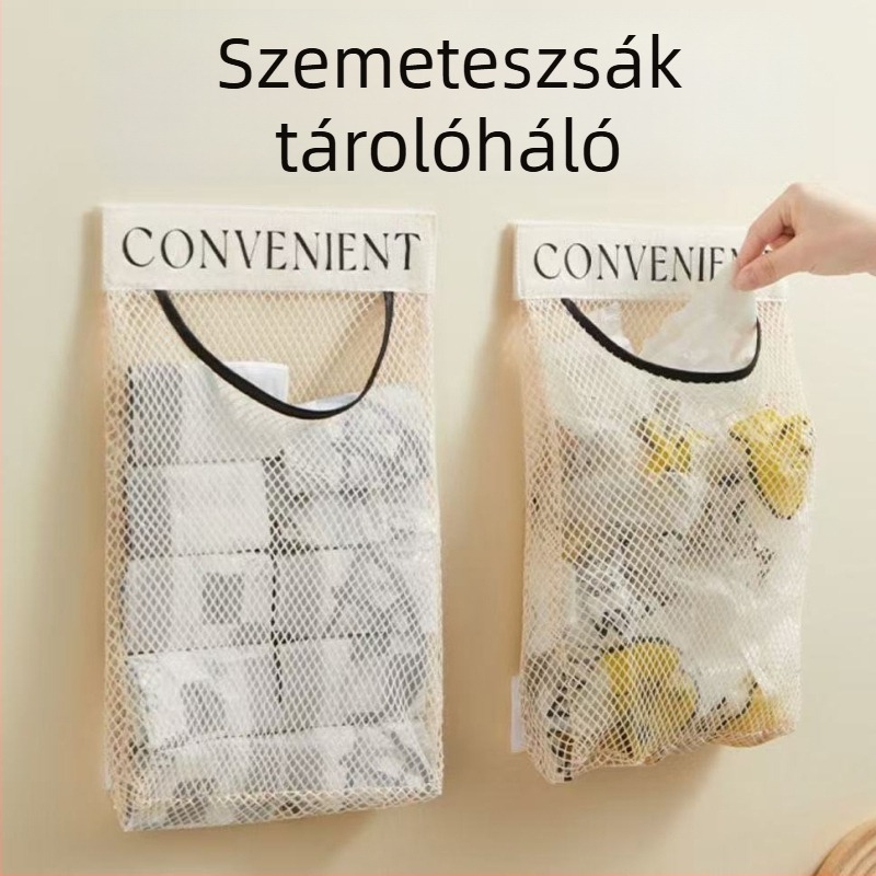 Falra szerelhető konyhai műanyag zacskók tároló háló, nagy kapacitás