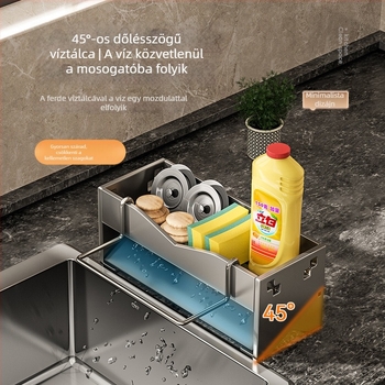 Mosogatóhoz való szárító- és tárolóállvány, konyhai kendő és mosogatószer rendező a munkalapon, grafit szín