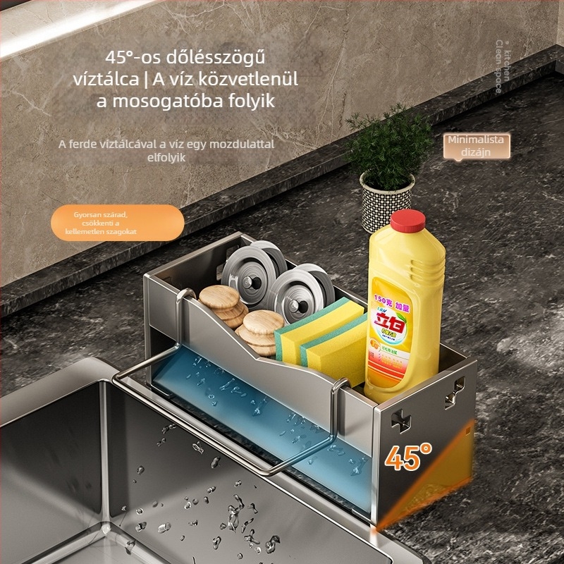 Mosogatóhoz való szárító- és tárolóállvány, konyhai kendő és mosogatószer rendező a munkalapon, grafit szín