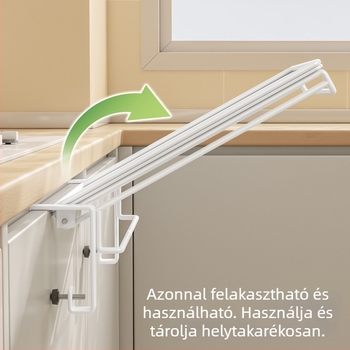 Összecsukható konyhai tárolóállvány, kinyitható munkafelülettel, szekrényajtóhoz akasztható