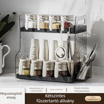 Konyhai fűszer- és olajüveg tároló állvány – kettős szintű, mozgatható, átlátszó rendező a pulton