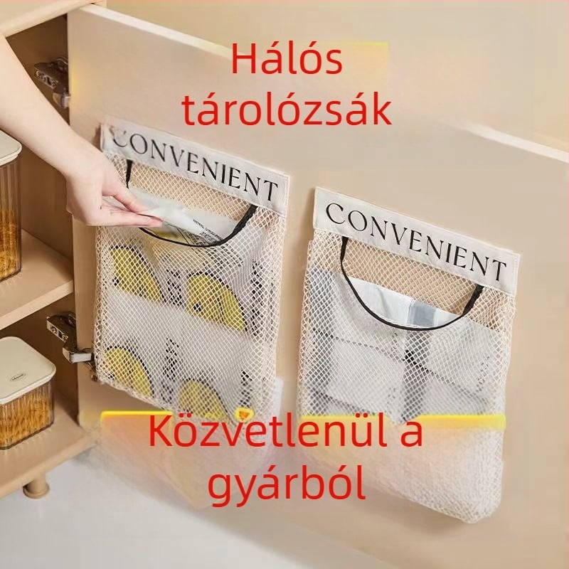Falihoz szerelhető konyhai tároló táska lélegző hálós zsebbel műanyag zacskókhoz