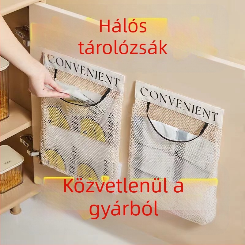 Falihoz szerelhető konyhai tároló táska lélegző hálós zsebbel műanyag zacskókhoz