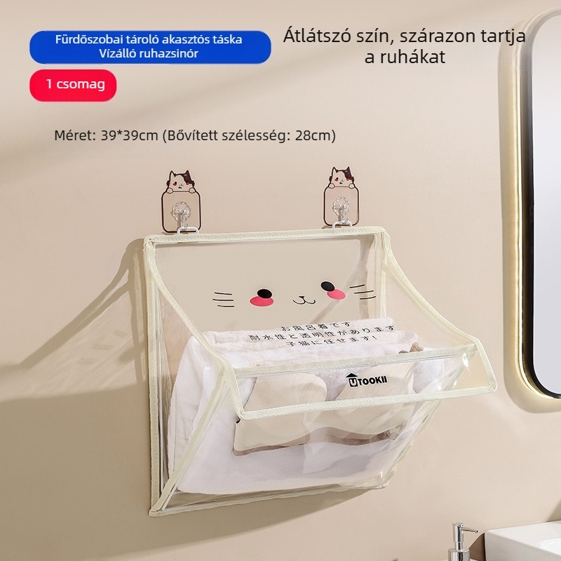 Fürdőszobai vízálló ruhatároló táska, falra szerelhető, összecsukható, átlátszó
