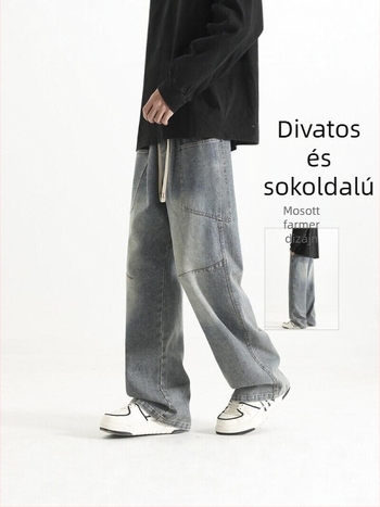 Férfiaknak: amerikai retro farmernadrág, laza szabású egyenes szár, kimosott denim, városi mindennapi nadrág