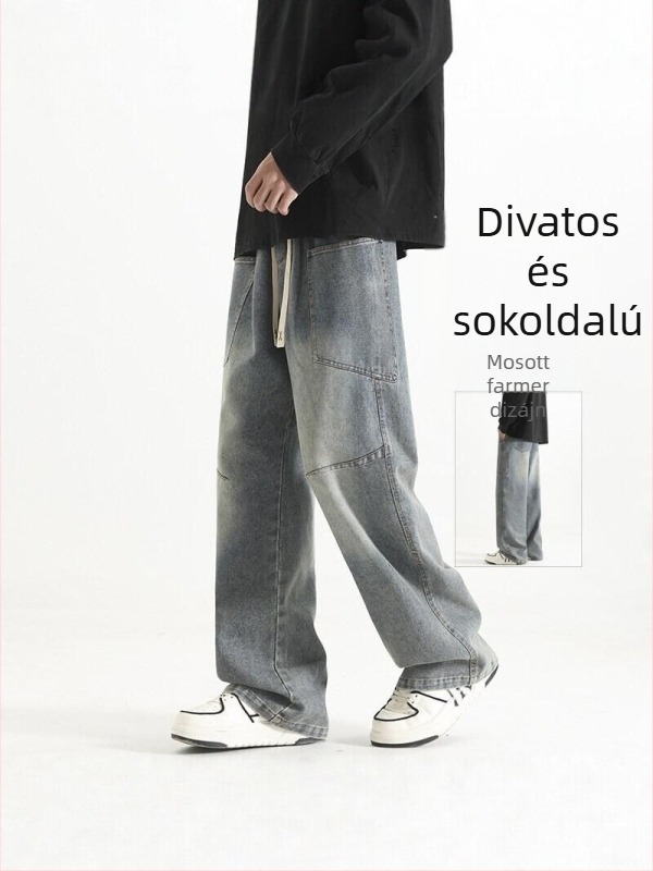 Férfiaknak: amerikai retro farmernadrág, laza szabású egyenes szár, kimosott denim, városi mindennapi nadrág