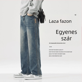 Divatos férfi farmernadrág, amerikai stílus, laza egyenes szabás, 2025 modell, utcai retro széles lábszárú