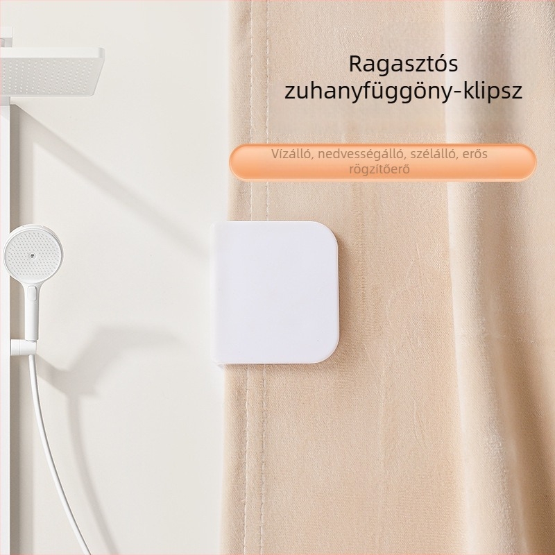 Fúrás nélküli zuhanyfüggöny-klipszek, 2 darabos készlet, oldalsó rögzítőcsipeszek fürdőszobába, ragasztóval rögzítve