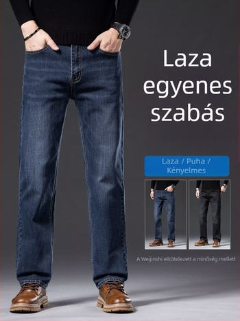 Férfi farmernadrág, kék-szürke, egyenes szabás, lazább fazon, tavasz–őszre