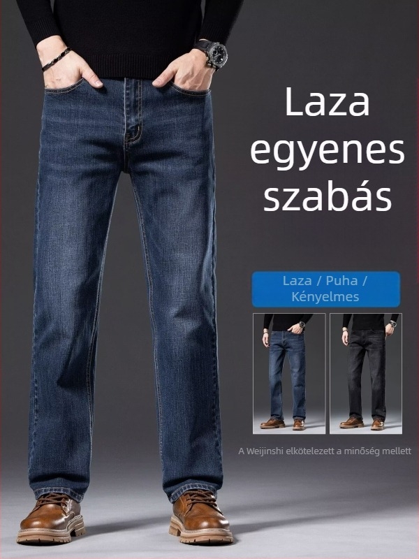 Férfi farmernadrág, kék-szürke, egyenes szabás, lazább fazon, tavasz–őszre