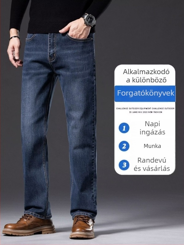 Férfi farmernadrág, kék-szürke, egyenes szabás, lazább fazon, tavasz–őszre