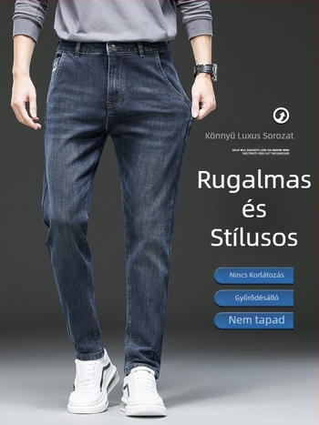 Férfi kék farmernadrág, slim fit, kis egyenes szár, rugalmas, hétköznapi viselet, ősz-tél