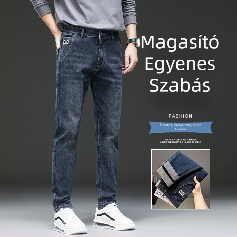 Férfi kék farmernadrág, slim fit, kis egyenes szár, rugalmas, hétköznapi viselet, ősz-tél