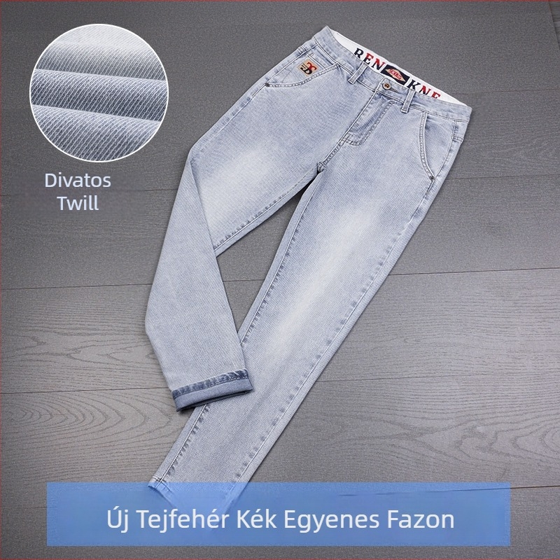 Férfi hímzett farmernadrág, egyenes szabás, pamut-denim, rugalmas