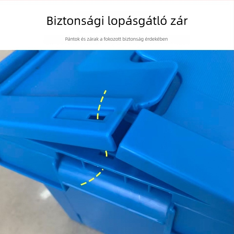 Döntött betéttel készült műanyag doboz tetővel, egymásra rakható turnover doboz