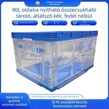 80L oldalsó nyílású összecsukható tároló doboz, fedél nélkül, átlátszó kék műanyagból, otthoni használatra, rakható