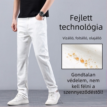 Prémium férfi denim nadrág víz- és foltálló bevonattal, elasztikus, Slim-fit, hétköznapi hosszú nadrág fehér színben, 2024 új modell