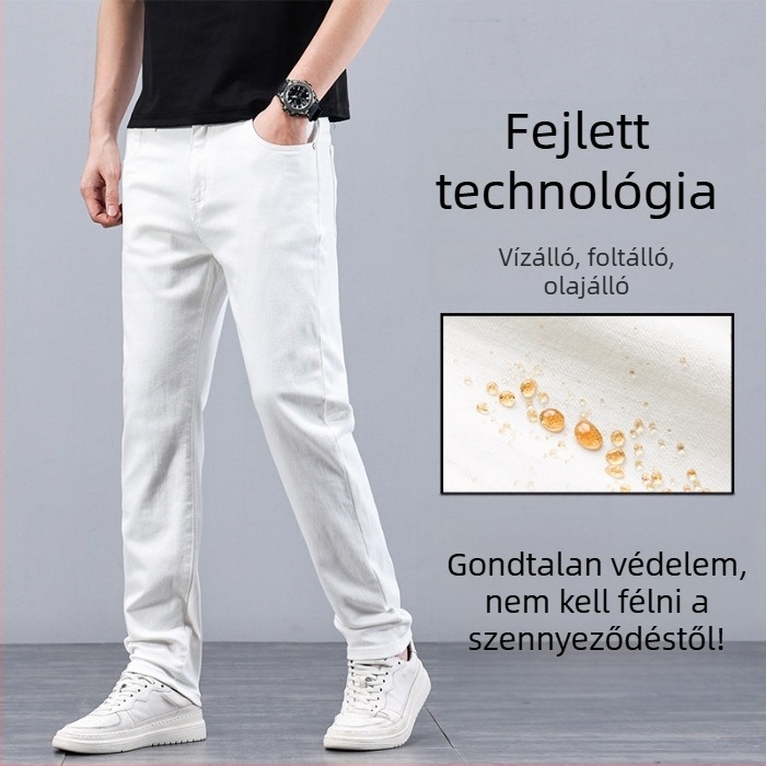 Prémium férfi denim nadrág víz- és foltálló bevonattal, elasztikus, Slim-fit, hétköznapi hosszú nadrág fehér színben, 2024 új modell