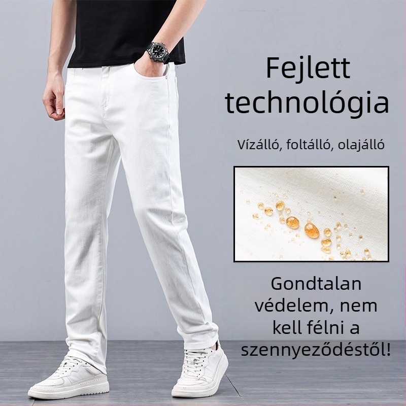 Prémium férfi denim nadrág víz- és foltálló bevonattal, elasztikus, Slim-fit, hétköznapi hosszú nadrág fehér színben, 2024 új modell