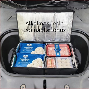 Összecsukható nagy tároló doboz autó csomagtartójához, élelmiszerek számára szigetelve, 50 L kapacitás, méretek 60×32×24 cm, anyaga Oxford vászon.