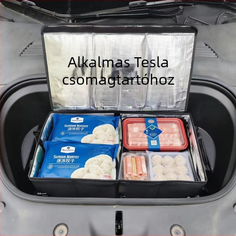 Összecsukható nagy tároló doboz autó csomagtartójához, élelmiszerek számára szigetelve, 50 L kapacitás, méretek 60×32×24 cm, anyaga Oxford vászon.