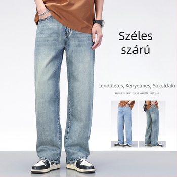 Férfi farmer, amerikai retro stílusú, kék színű denim, laza egyenes szabás, tavasz–nyár, mindennapi casual