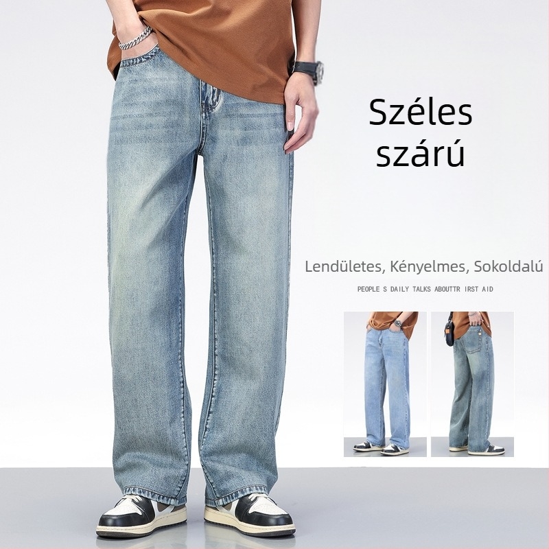 Férfi farmer, amerikai retro stílusú, kék színű denim, laza egyenes szabás, tavasz–nyár, mindennapi casual