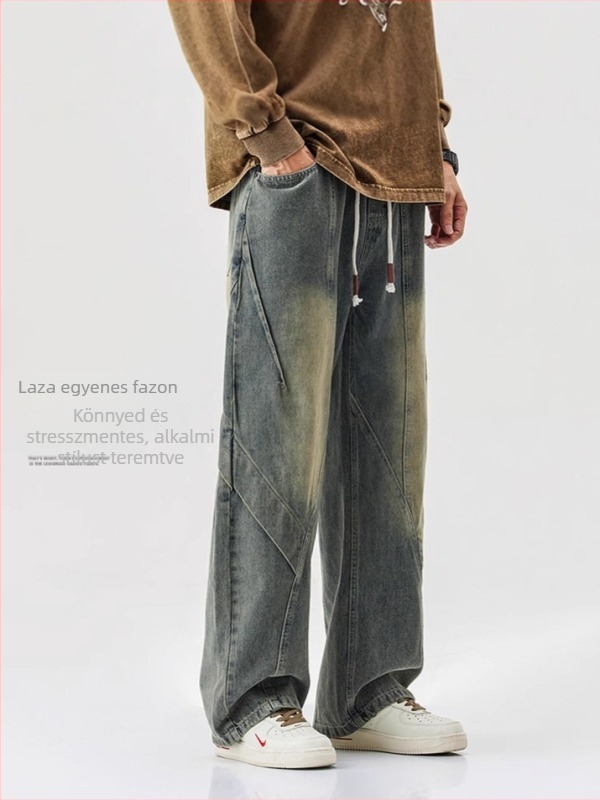 2025-ös új amerikai stílusú farmernadrág férfiaknak – mosott, széles szárú, laza szabású, mindennapi denim