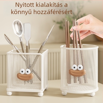 Konyhai tároló hálóval, pultra helyezhető multifunkcionális evőeszköztartó pálcikákhoz, kanalakhoz és spatulákhoz, csepegtetővel
