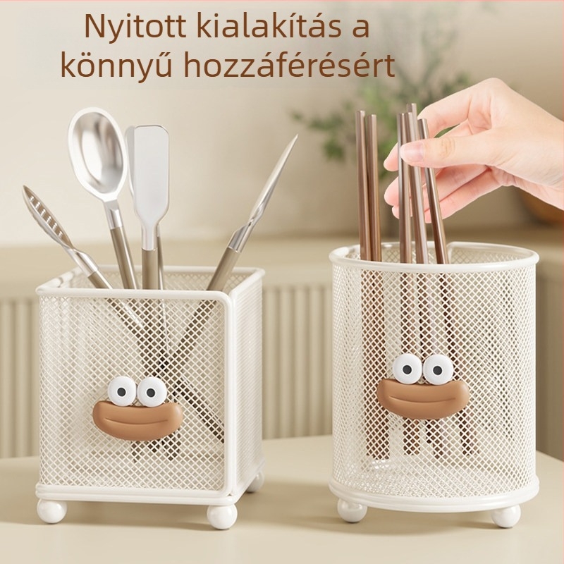 Konyhai tároló hálóval, pultra helyezhető multifunkcionális evőeszköztartó pálcikákhoz, kanalakhoz és spatulákhoz, csepegtetővel