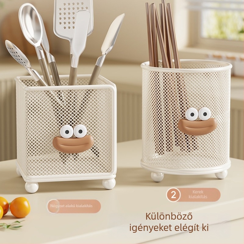 Konyhai tároló hálóval, pultra helyezhető multifunkcionális evőeszköztartó pálcikákhoz, kanalakhoz és spatulákhoz, csepegtetővel