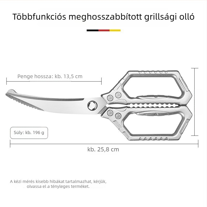 Konyhai rozsdamentes acélból készült, masszív olló, többfunkciós csontvágó és húsolló